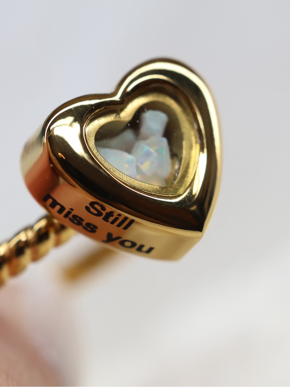 NWT Urn Ring, Gold Heart Ring with Opal-Look Inset - Still miss you Engraved Ash